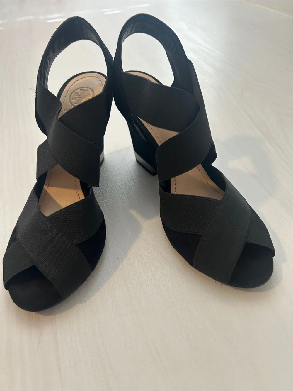 Tory Burch Black Crisscross Elastic Slingback Wedges